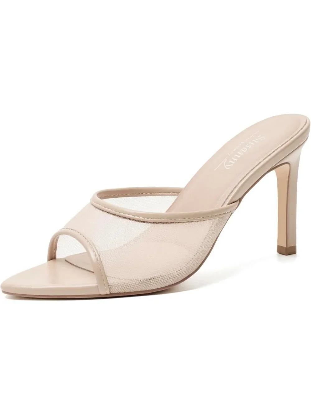 Women's Nude Mesh Summer Mule High Heels Slip on Pointed Open Toe Sexy Heeled